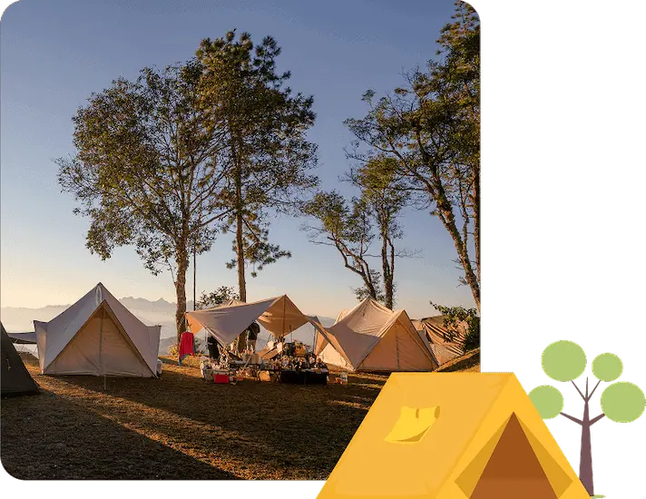 Parcelas de camping con ilustración de tienda de campaña