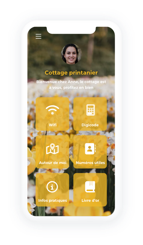 Un livret d'accueil digital avec une image d'un champ de jonquilles en fond