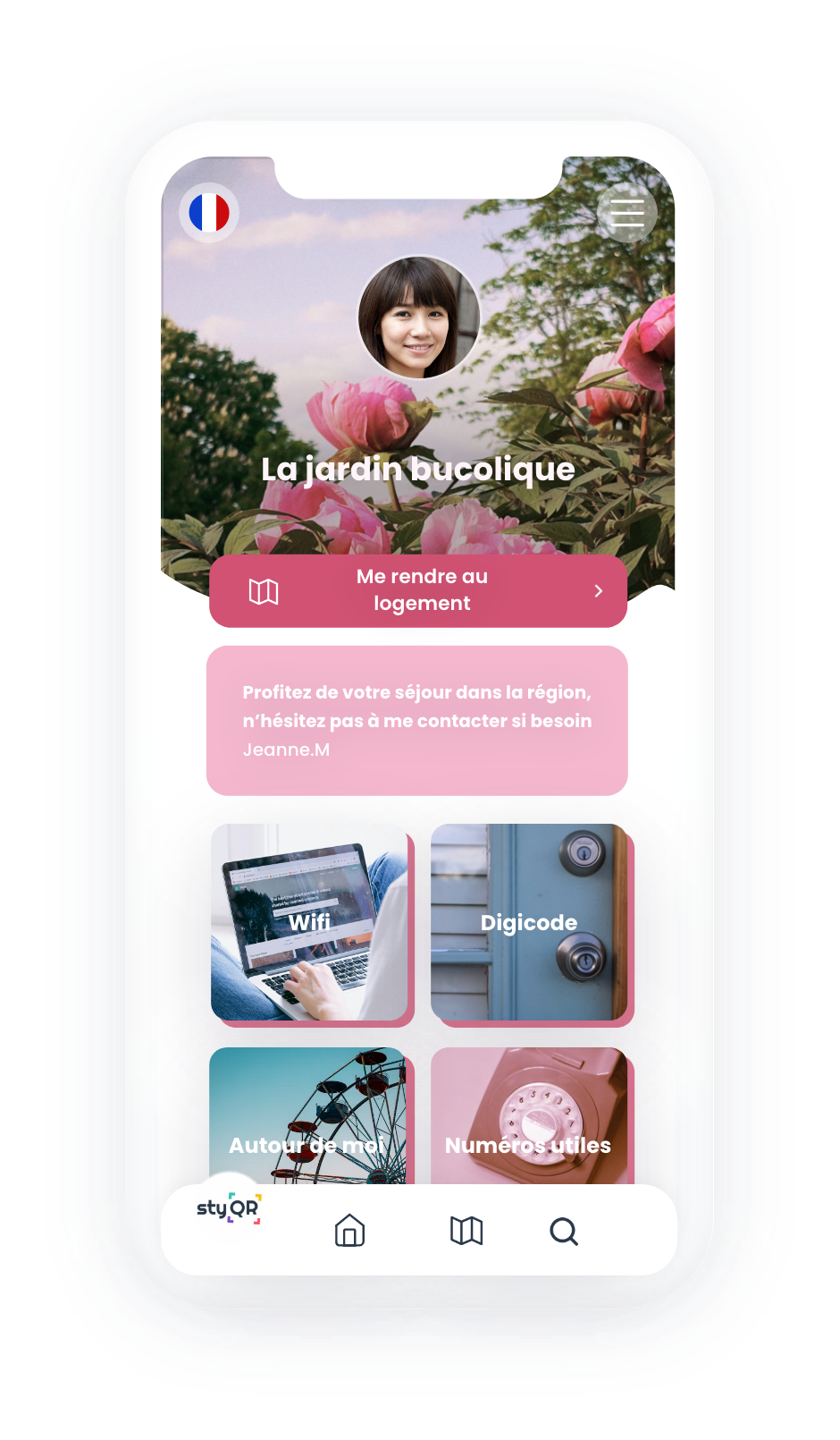 Un livret d'accueil digital avec une image d'une pivoine en fond