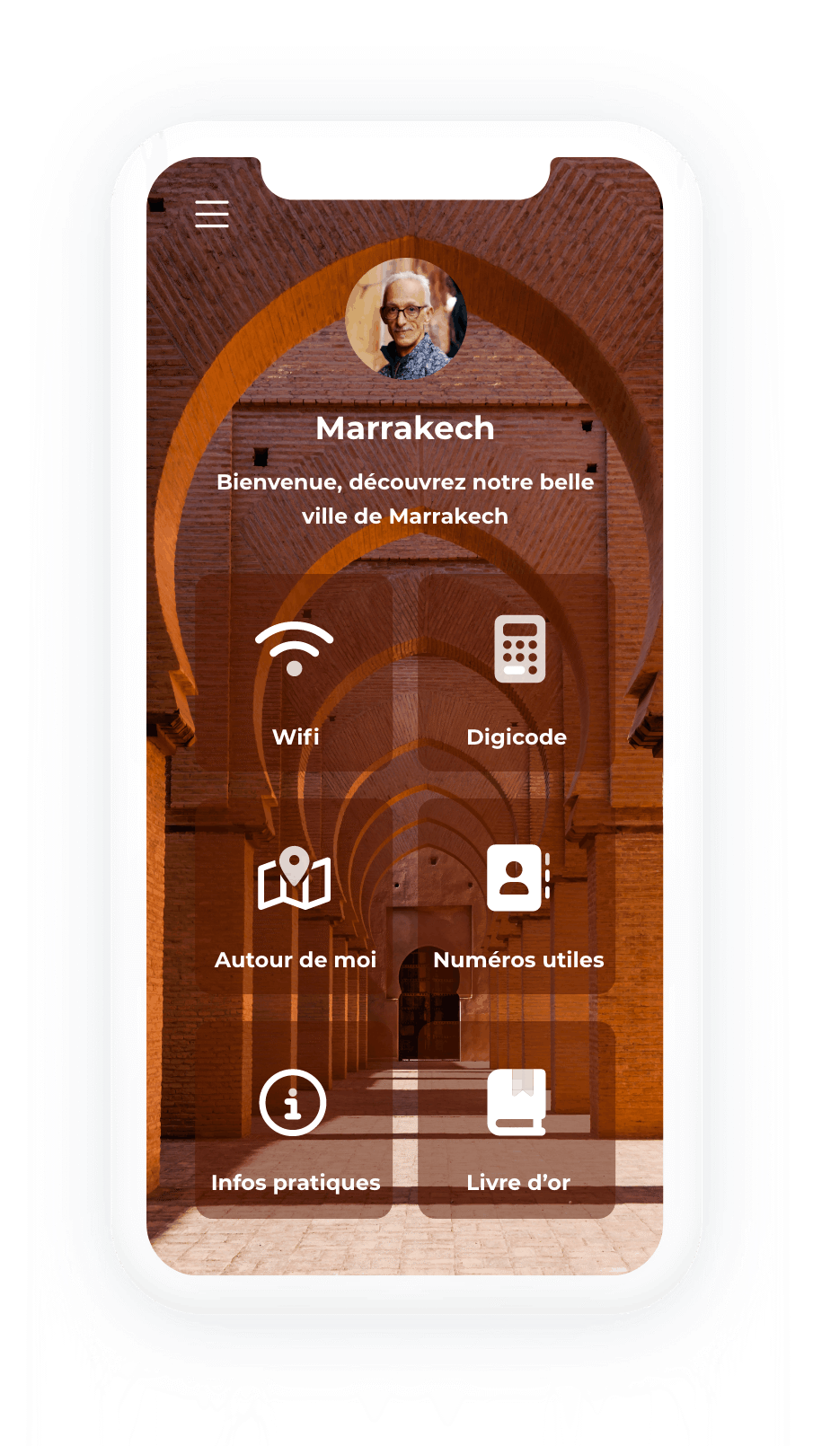 Maquette d’application mobile dédiée à Marrakech avec arches marocaines et menu d’accueil