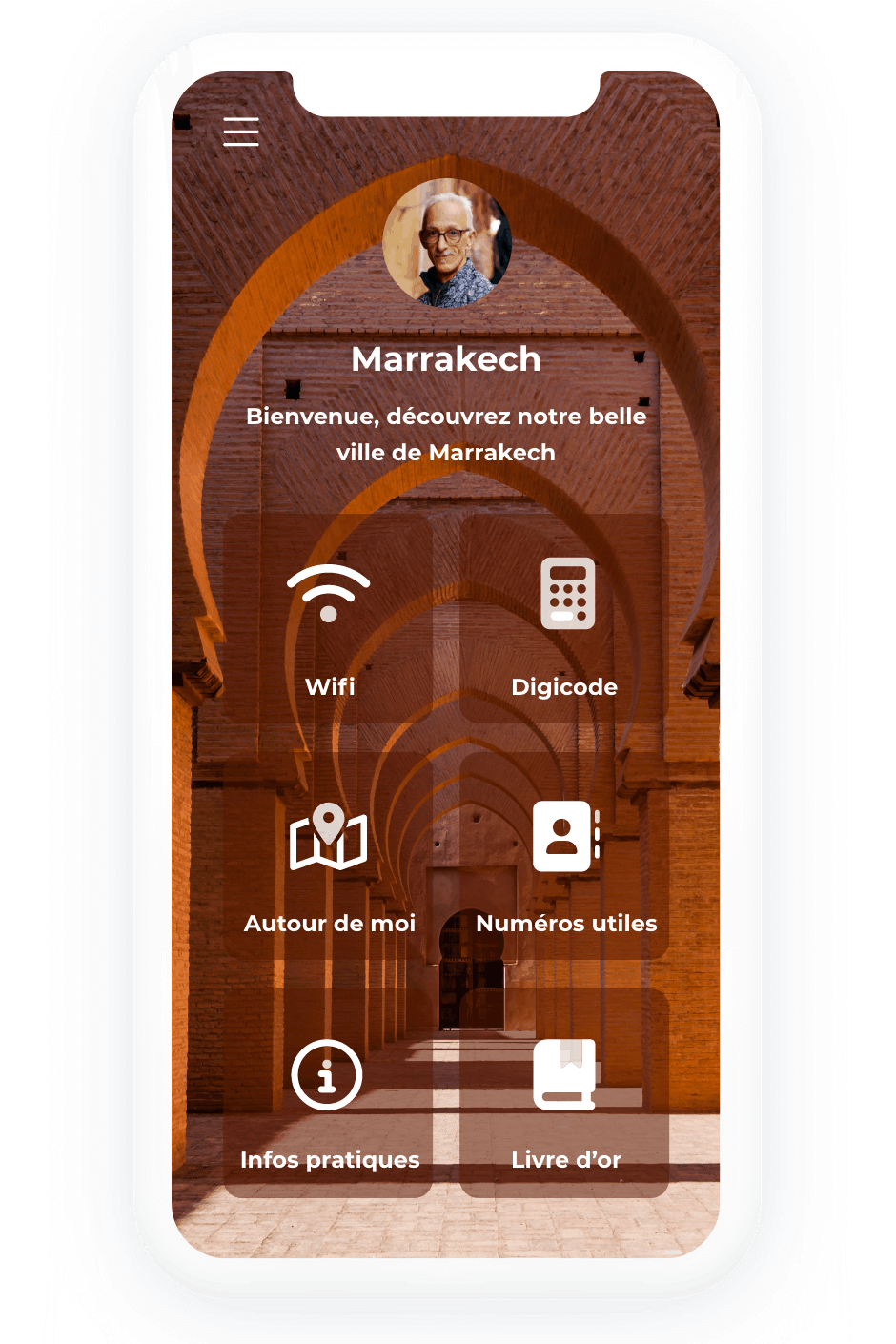 Maquette d’application mobile dédiée à Marrakech avec arches marocaines et menu d’accueil