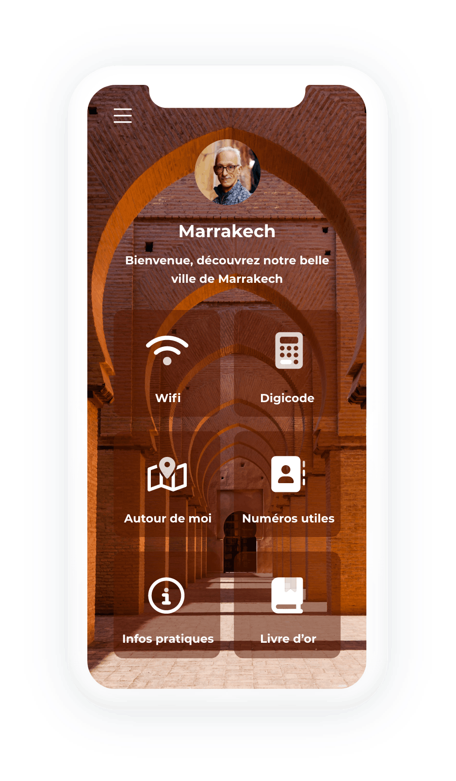 Maquette d’application mobile dédiée à Marrakech avec arches marocaines et menu d’accueil