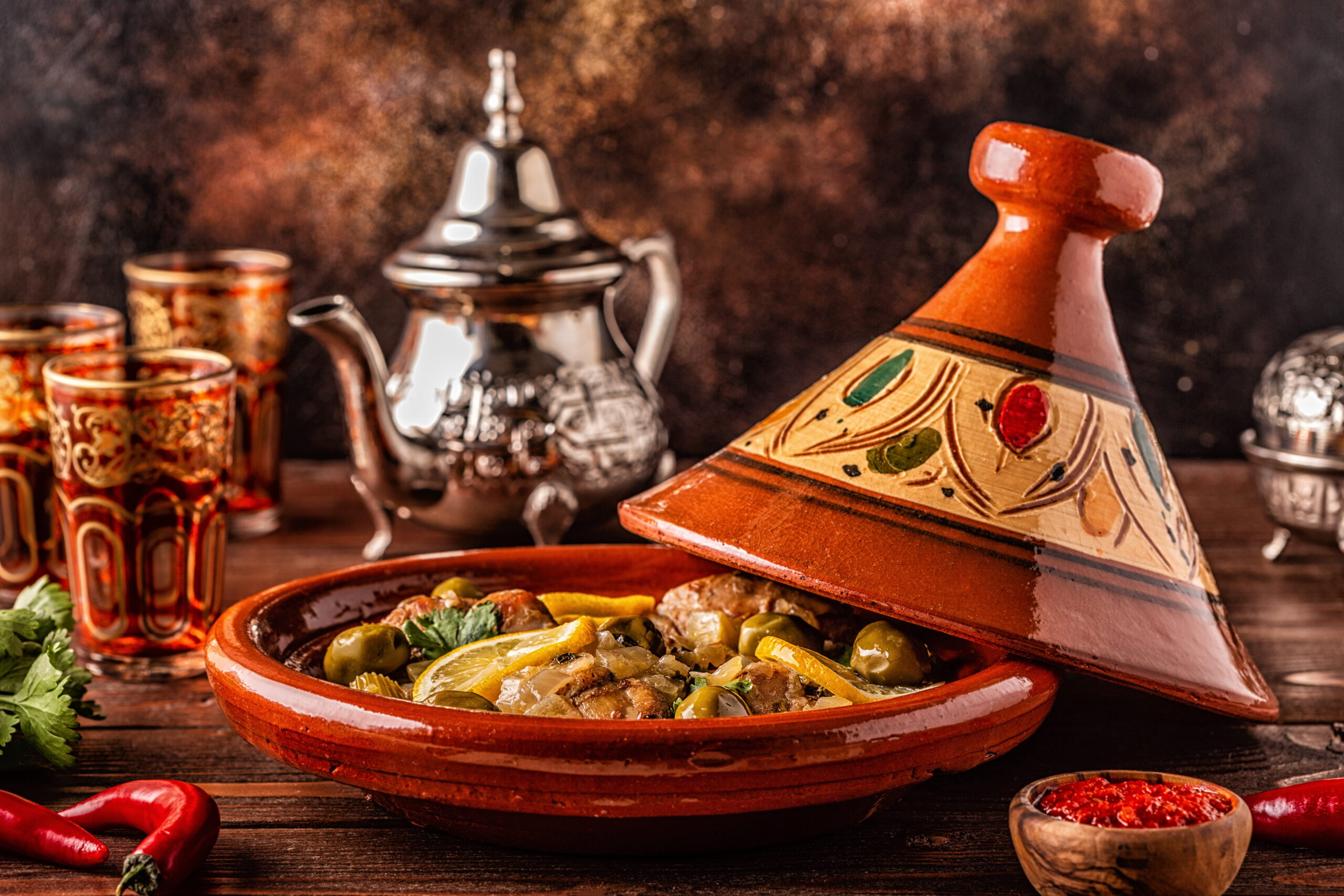 Plat de tajine marocain servi dans un récipient en terre cuite avec olives, citron confit et thé à la menthe