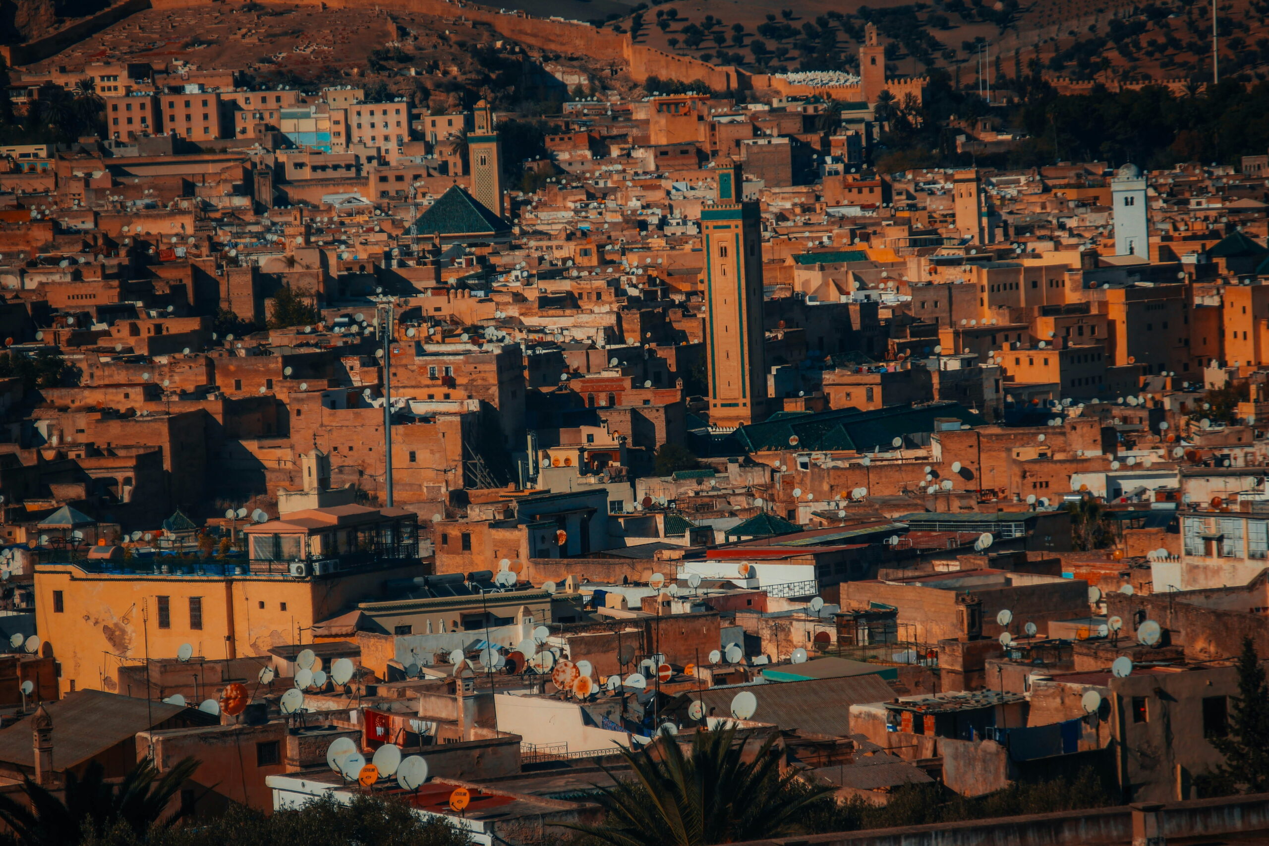 Vue de la m&eacute;dina de F&egrave;s avec b&acirc;timents en terre ocre et minarets