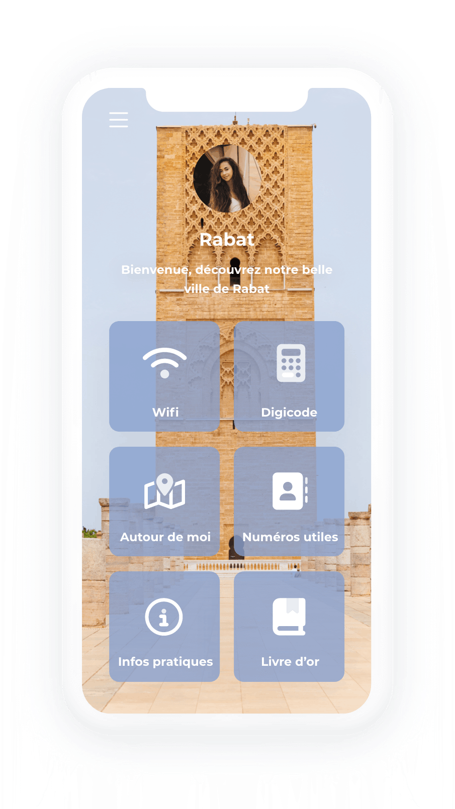 Smartphone affichant un livret d&rsquo;accueil digital sur la ville de Rabat avec informations pratiques