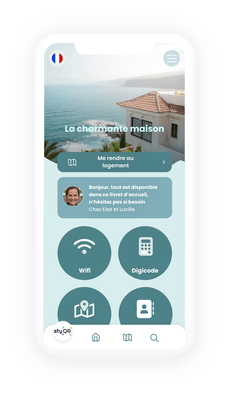 Smartphone affichant un livret d’accueil digital d'une maison en bord de mer