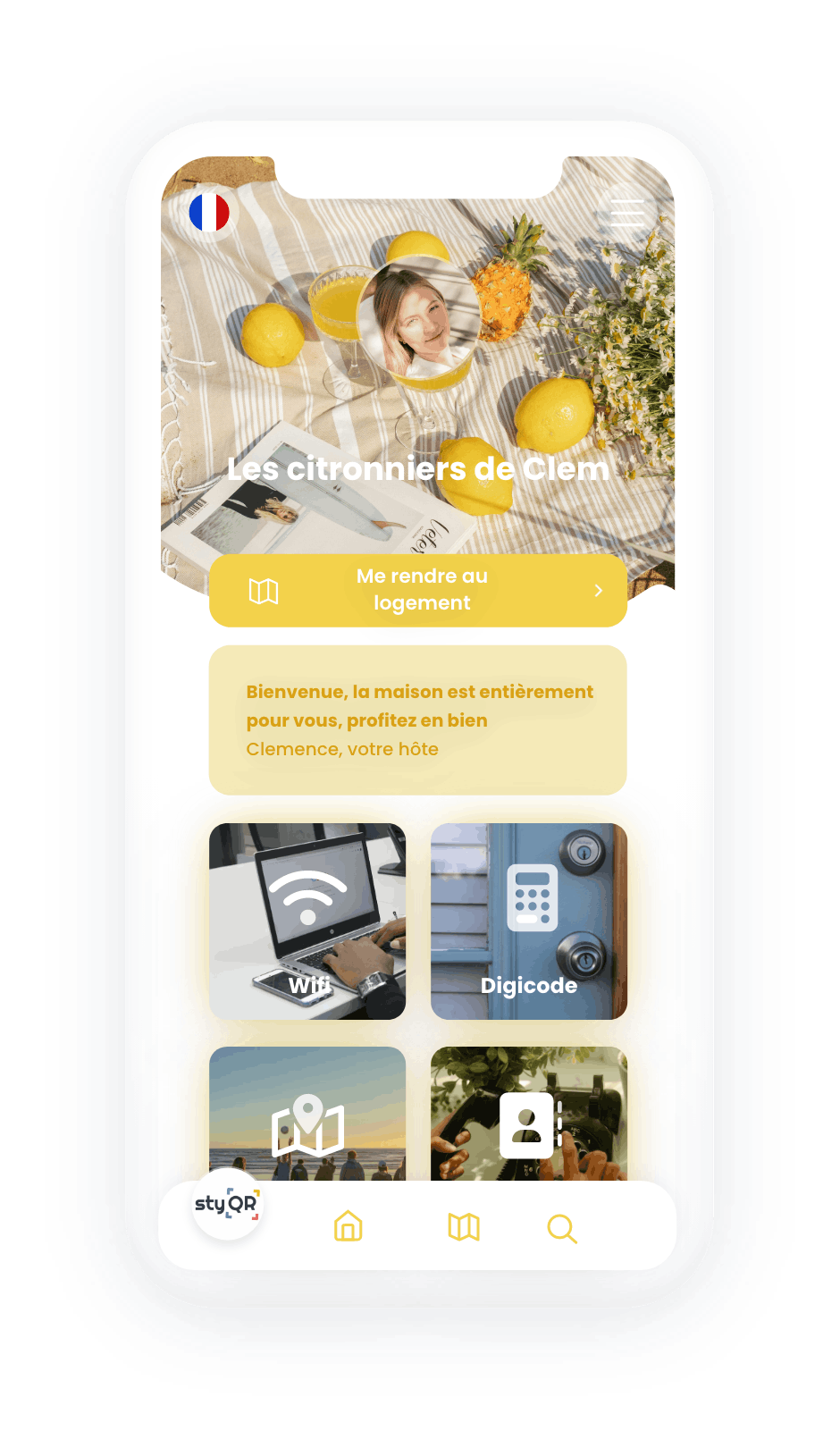 Smartphone affichant un livret d’accueil digital d'une pique nique avec des citrons jaunes